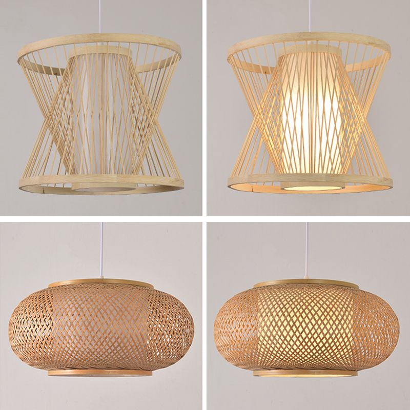 Beige Bamboo Hanging Light Fixture Asian 1-Light Suspension Pendant Light for Restaurant
