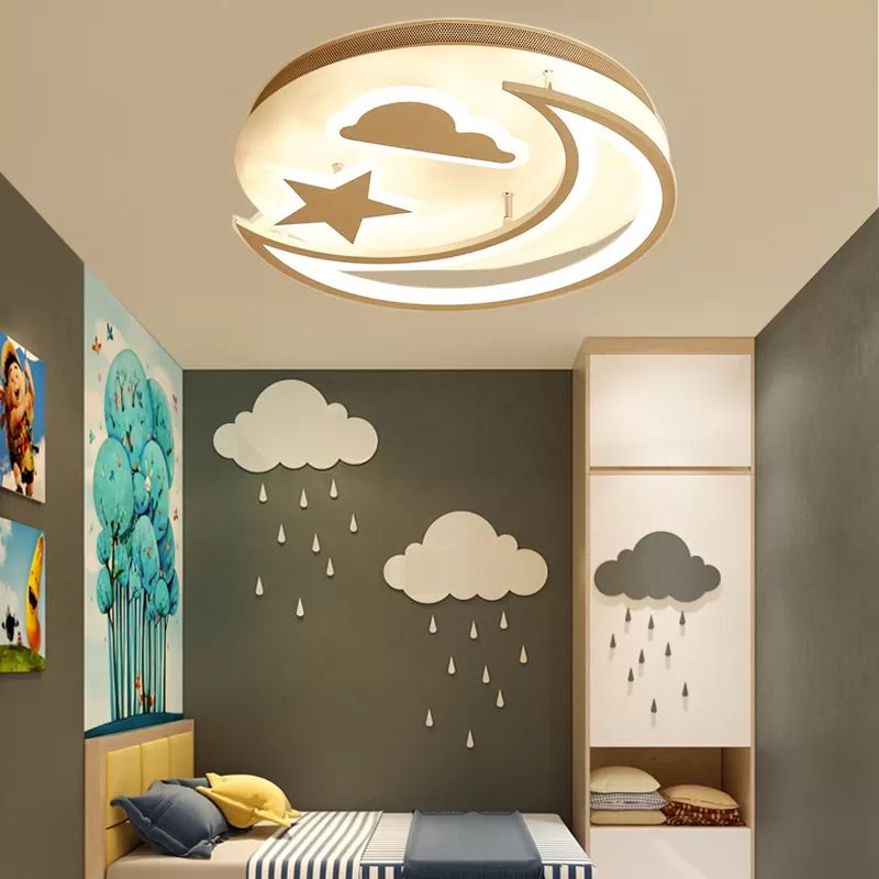 Metal Moon and Star Flush Ceiling Light Kid Bedroom Cartoon Ceiling Lamp in White Finish