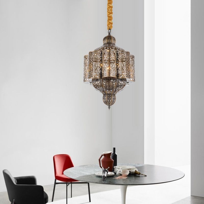 3 Lights Metal Hanging Chandelier Vintage Brass Castle Shape Living Room Suspension Lamp with Hollowed Out Design