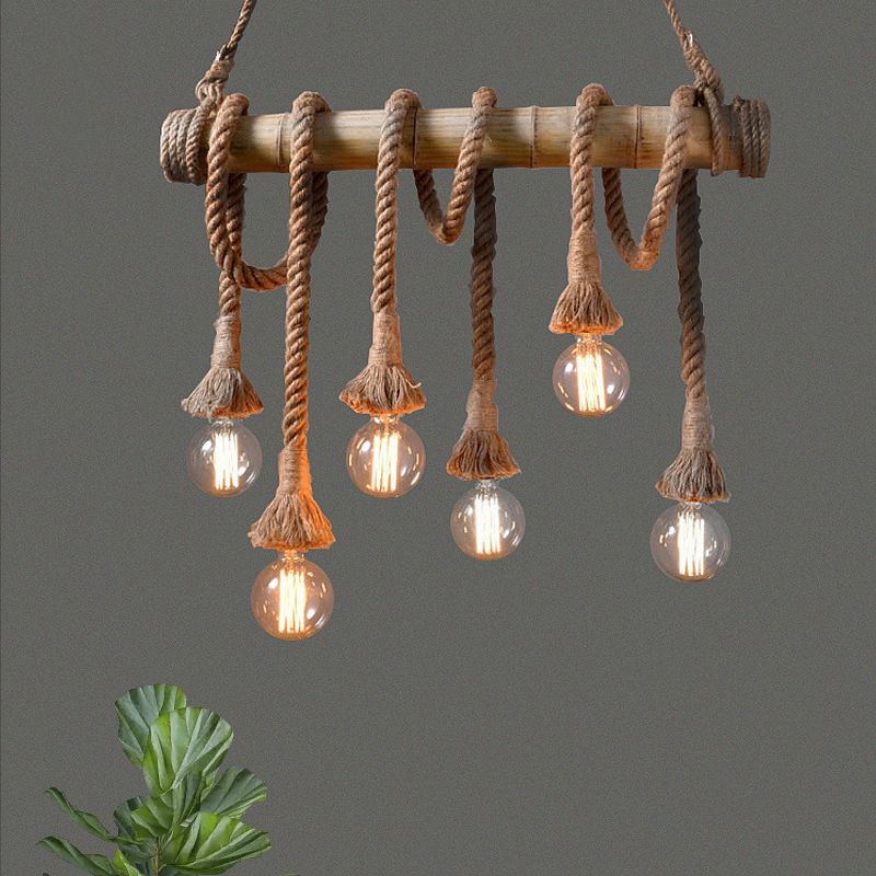 3/4 Lights Open Bulb Island Light Lodge Industrial Beige Adjustable Rope Ceiling Light with Bamboo