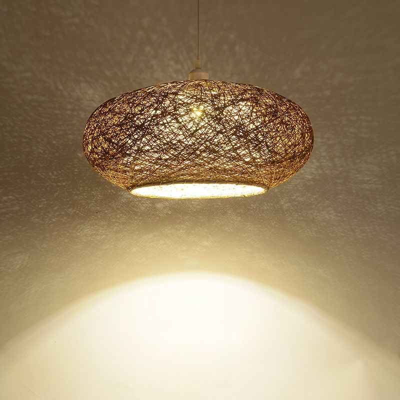 Minimalist Round Pendant Lighting Fixture Rattan 1 Head Tearoom Ceiling Hang Lamp in Dark Tan