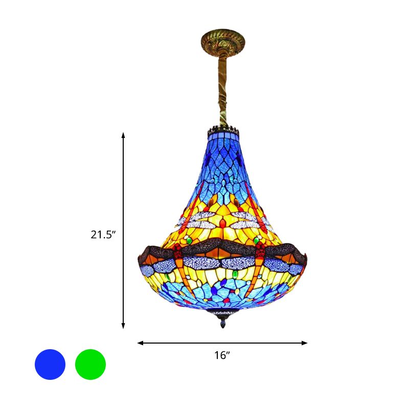 Lampada Dragonfly da 16 "/19.5" Light Light Stated Glass 5 Luci a sospensione blu/verde per sala da pranzo