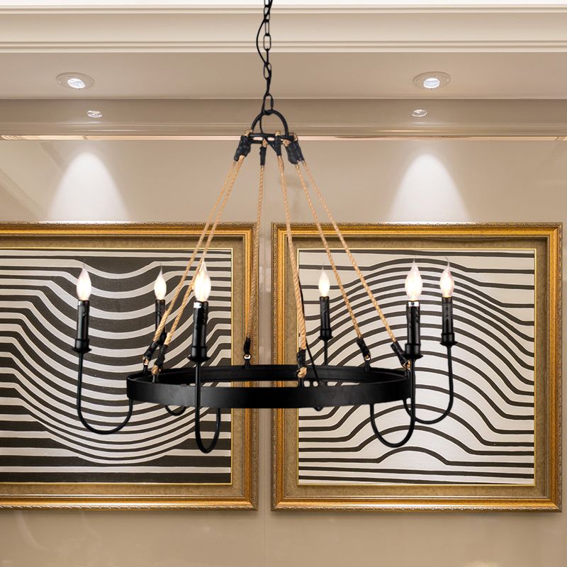 Lámpara de lámpara de vela vintage con bombilla abierta 6 cabezas de metal y lámpara colgante de techo de cuerda en negro/óxido para restaurante