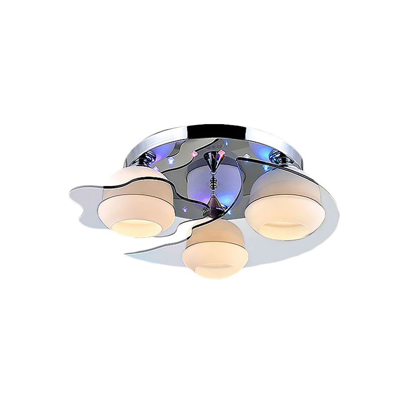 3/5-Head White Glass Flushmount Modernism Chrome Floral Living Room Ceiling Flush Light with Crystal Ball Drop