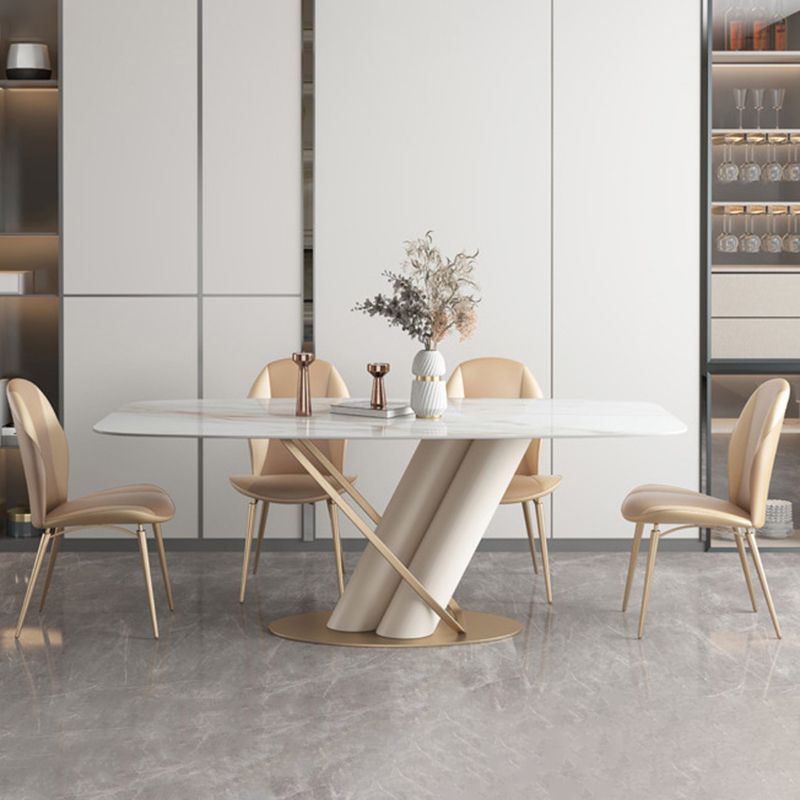 Modern Sintered Stone White Dining Set with Rectangle Table and Metal Base Home Use Dining Set