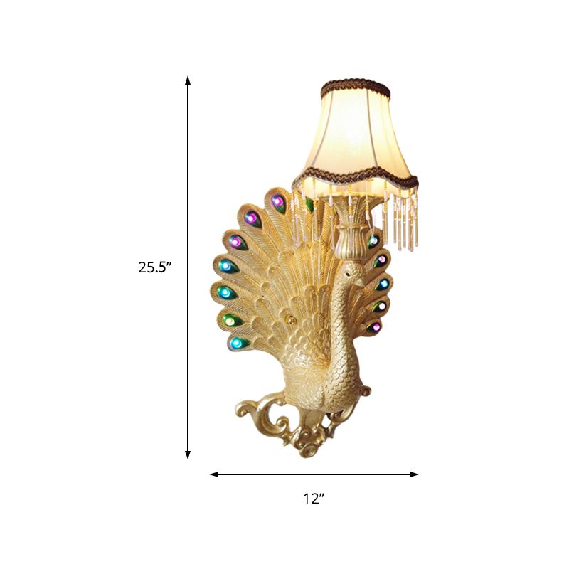 Gold Peacock Wall Light Fixture Southeast Asia Style Resin 1 Light Living Room Sconce Lamp with Scallop Shade