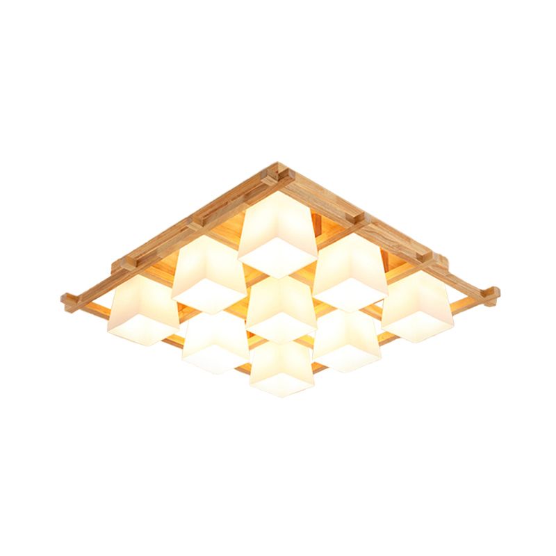 Wooden Checkerboard Shape Flush Mount Light Study Room Japanese Style Ceiling Light in Beige