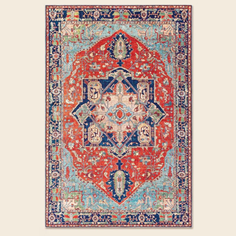 Elegant Red Tone Distressed Carpet Polyester Medallion Indoor Rug Stain Resistant Rug for Home Decoration