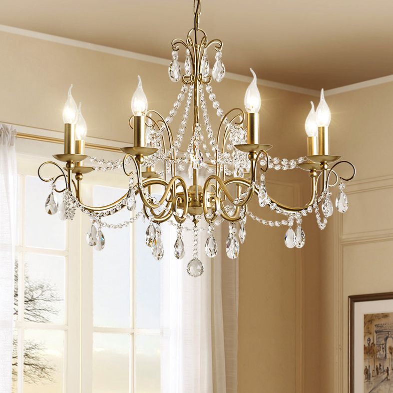 American Rustic Style Chandelier Light with Clear Crystal Drops Multi-lights Vintage Dining Room Lighting Fixture