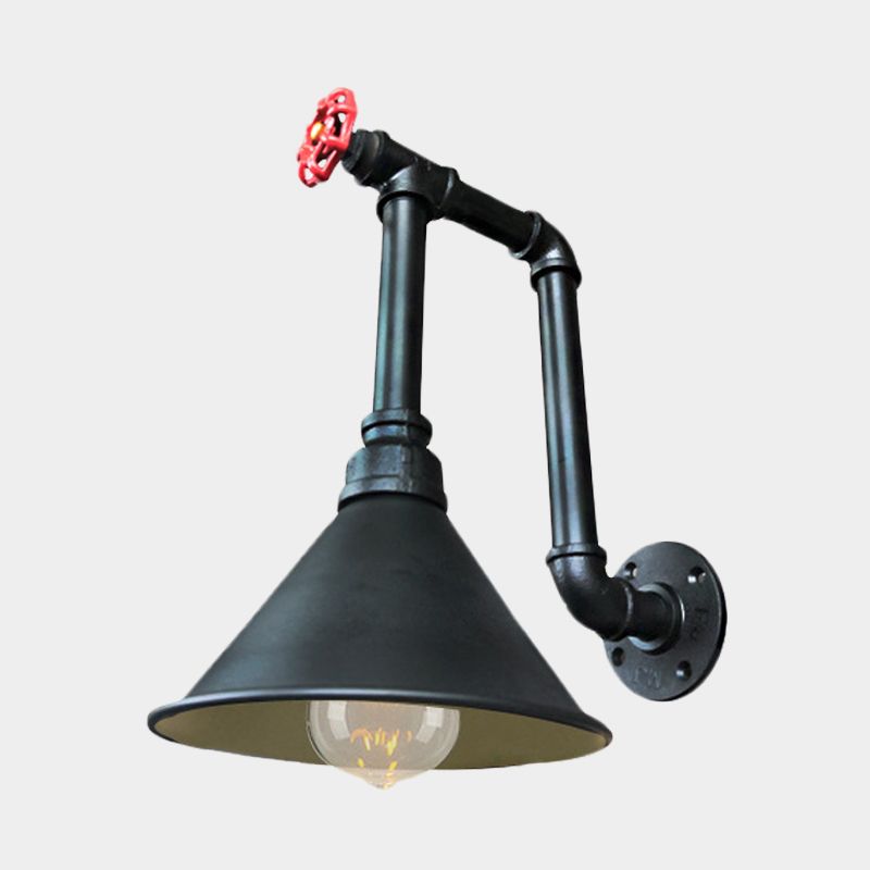1 Light Pipe and Valve Sconce Rustic Black/Bronze Metal Wall Mount Sconce with Cone Shade for Restaurant