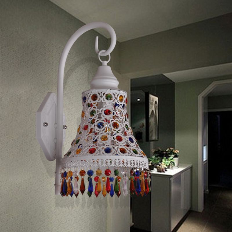 Bell Metal Wall Sconce Light Decorative 1 Bulb Corridor Wall Mount Lighting in White with Dangling Crystal