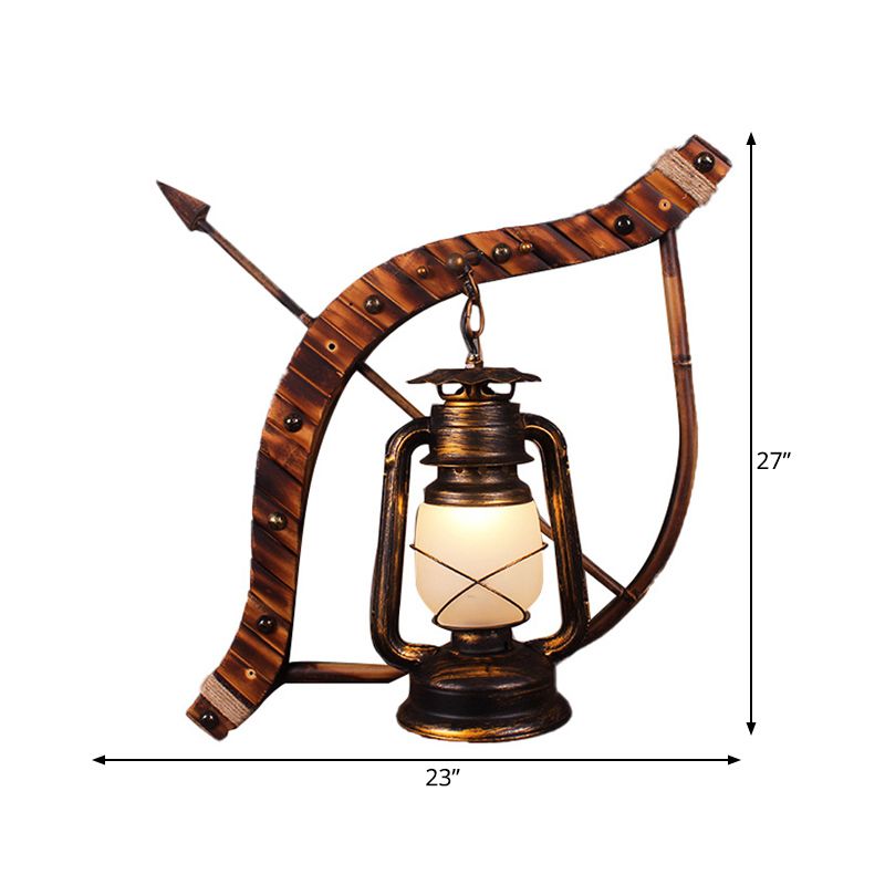 Vintage Lantern Wall Lamp 1 Light Opal Glass Sconce Light Fixture in Bronze with Wood Bow and Arrow Deco