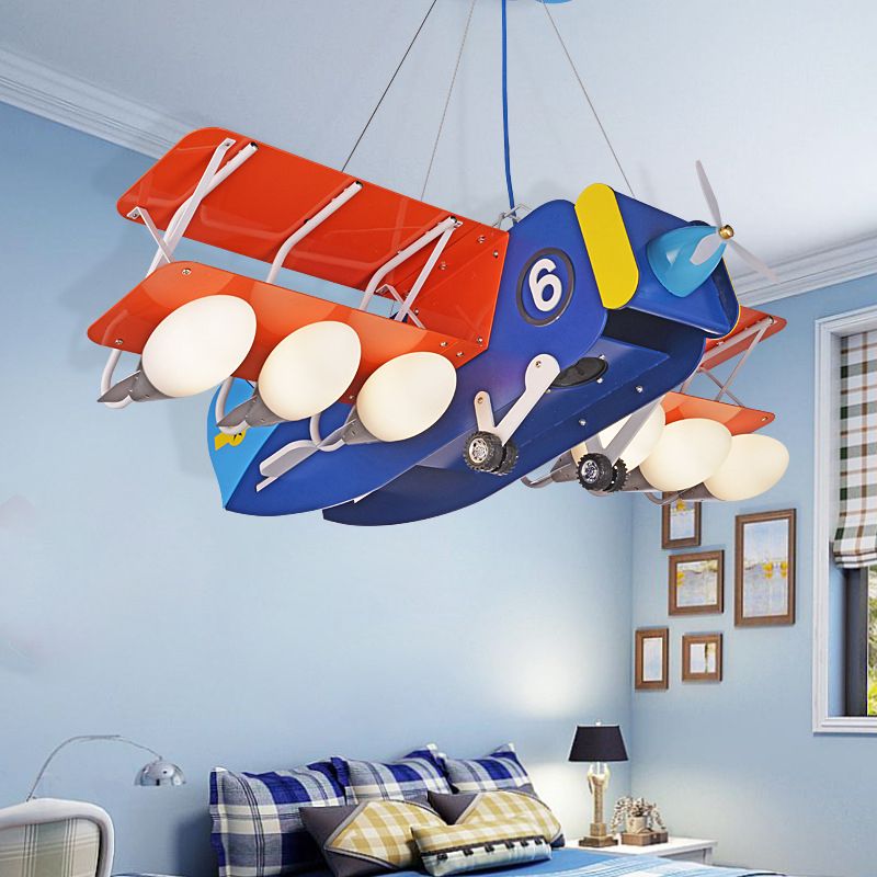 Dessin animé wright flyer lustre métallique 6 bulbes pour enfants de chambre à coucher plafond lumière en bleu-rouge