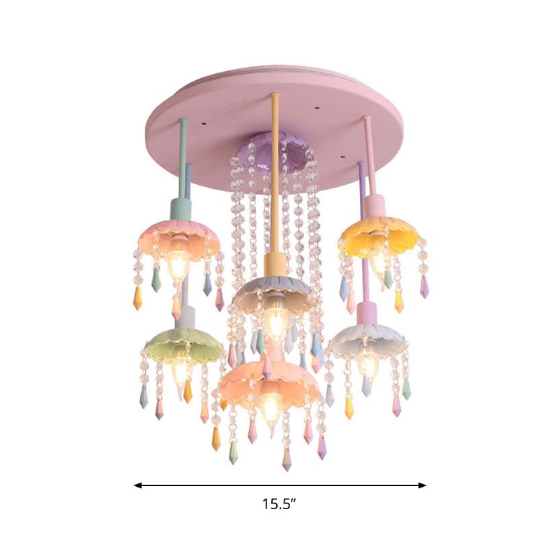Scallop Shade Ceiling Light Macaron Metal 7 Lights Pink Semi-Flush Mount Light for Bedroom with Crystal Drop