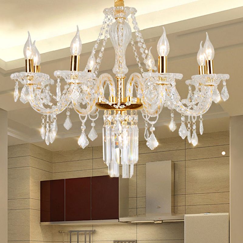 Bell/Candle Crystal Chandelier Light Vintage 8 Lights Dining Room Pendant in Gold with/without Fabric Shade