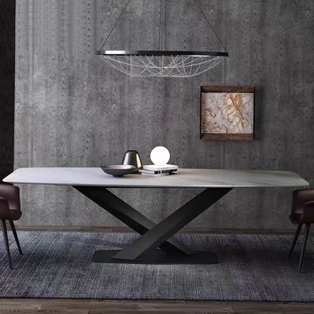 Sintered Stone Top Dining Table Modern Rectangle Table with Metal Pedestal
