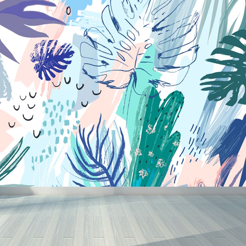 Watercolor Plant Leaves Mural Wallpaper Modern Water-Proof Living Room Wall Art, Custom Made