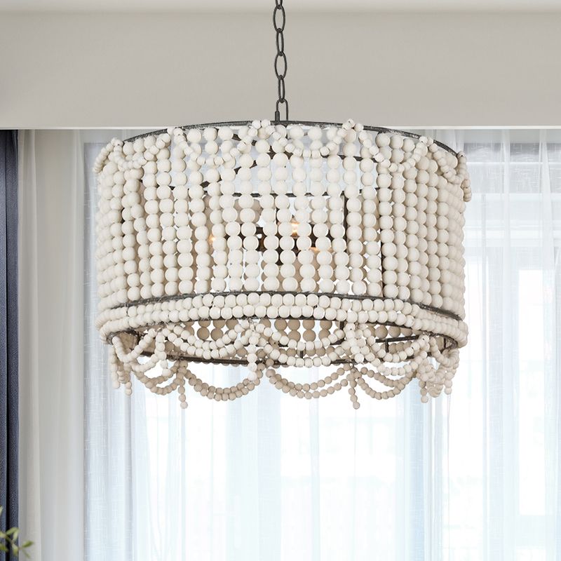 Wood Drum Chandelier Lamp Retro 3 Bulbs White/Pink/Blue Pendant Lighting Fixture with Adjustable Chain