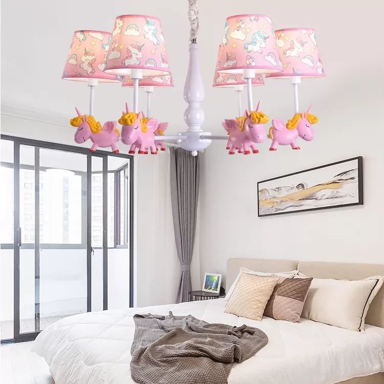 Unicorn Child Bedroom Chandelier with Fabric Shade Metal 5 Heads Lovely Pendant Lamp
