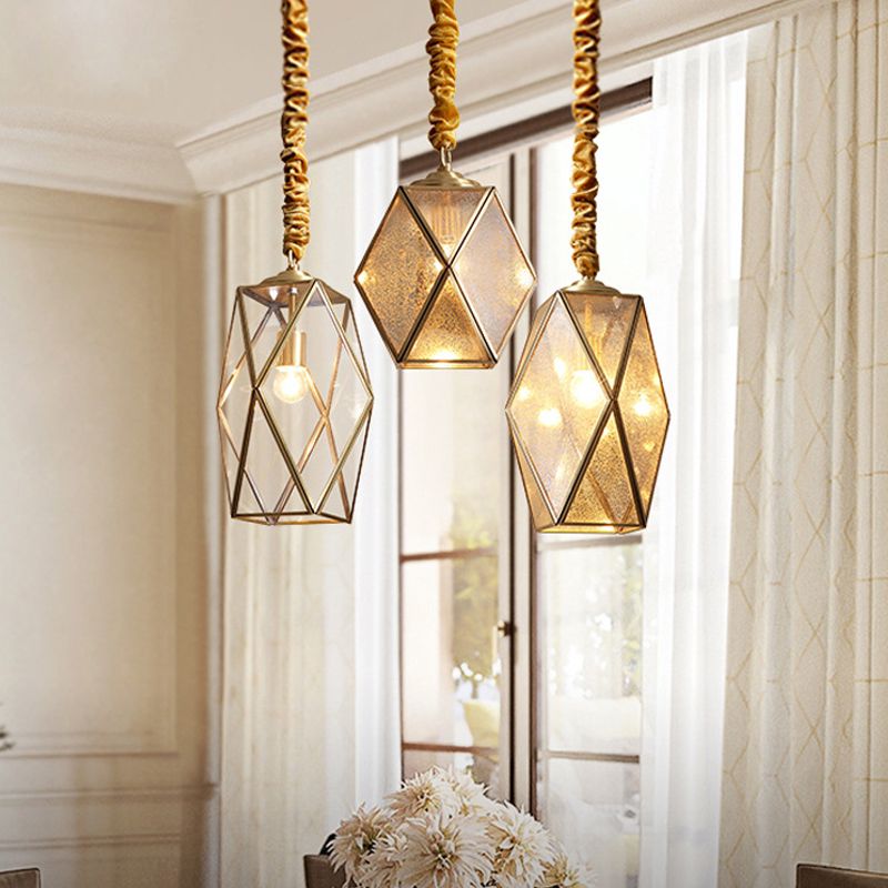 Prismatic/Faceted/Diamond Clear/Frosted Glass Hanging Pendant Vintage 1-Light Bedroom Ceiling Light in Brass