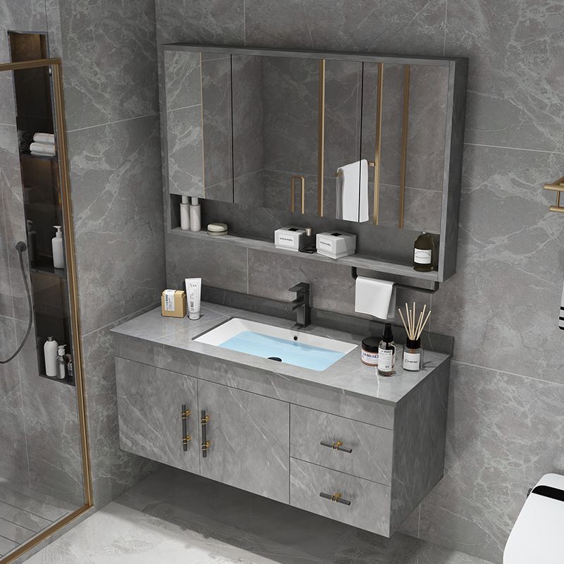 Stone Top Vanity Set Single Sink Mirror Drawers Wall-Mounted Rectangle Vanity with 2 Doors