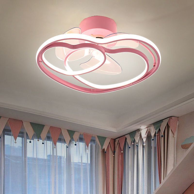 Heart Shaped Semi Flush Mount Fan Lamp Cartoon Metal Bedroom LED Ceiling Fan with Light