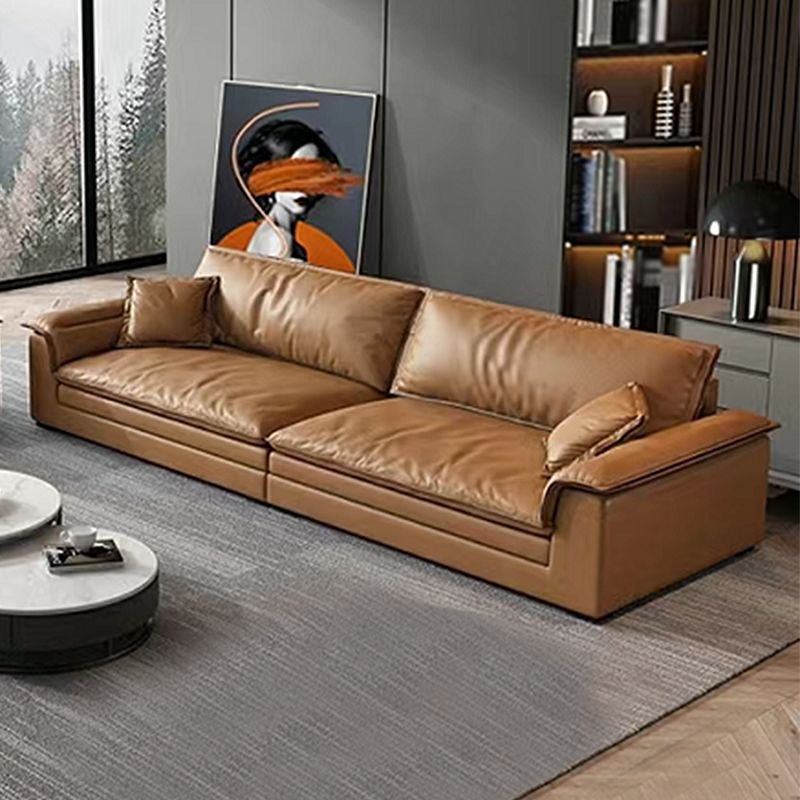 Modern Faux Leather Brown Sofa Pillow Top Arm Cushions Sofa & Chaise