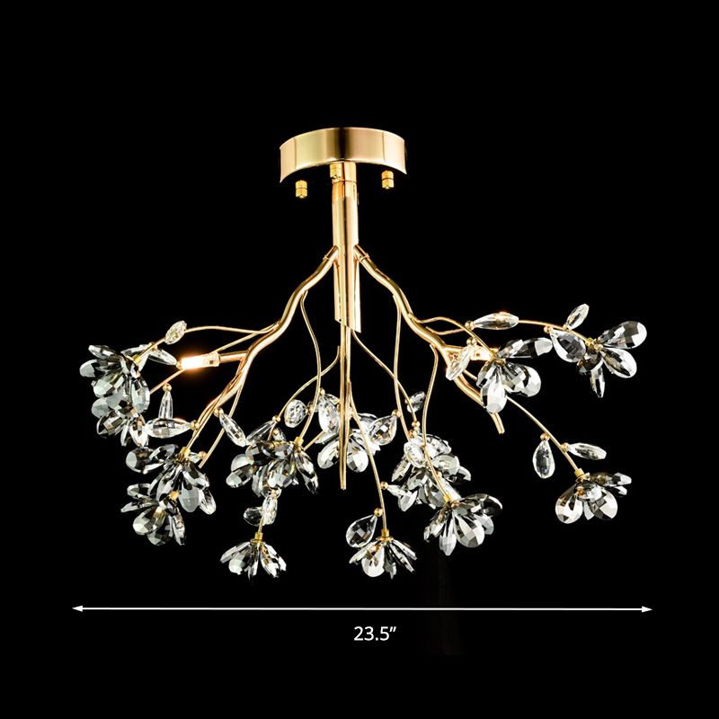 3 Heads Branch Semi Flush Mount Light Fixture Postmodern Gold Leaf Crystal Ceiling Lamp