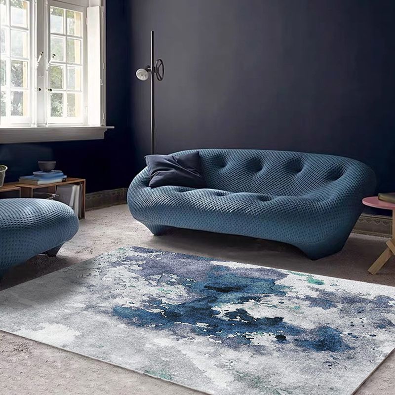 Blue and Grey Modern Rug Polyester Watercolor Pattern Rug Washable Non-Slip Backing Carpet for Living Room