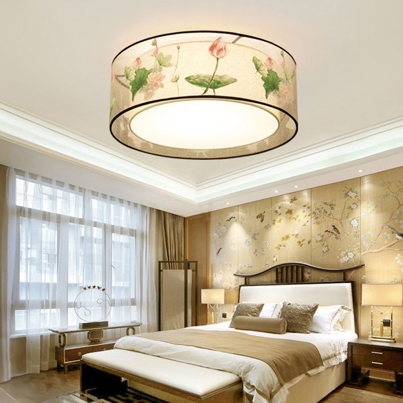 Traditional Classic Geometric Flush Mount Wrought Iron Indoor Ceiling Light with Fabric Shade