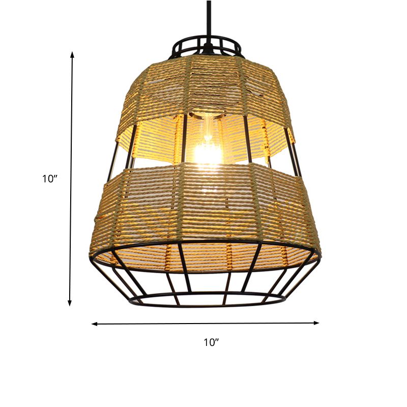 Barrel Metal Cage suspendu lampe de paille chinoise Corche de plafond beige drop beige pour restaurant du salon