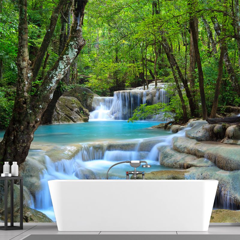 Green Forest Waterfall Murals Stain Resistant Wall Covering for Living Room Decor