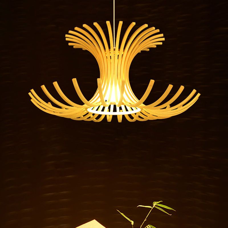 Japanese 1 Head Pendant Light Beige Flared Suspended Lighting Fixture with Bamboo Shade