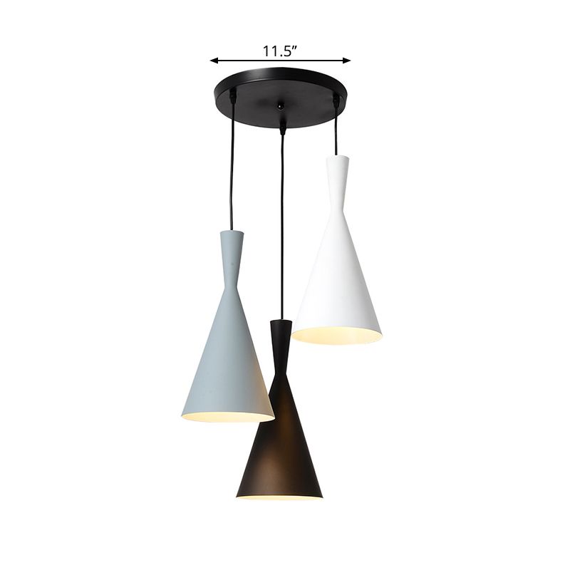 Flared Metallic Pendant Light Contemporary 3-Head Black Hanging Lamp Kit with Round/Rectangle Canopy