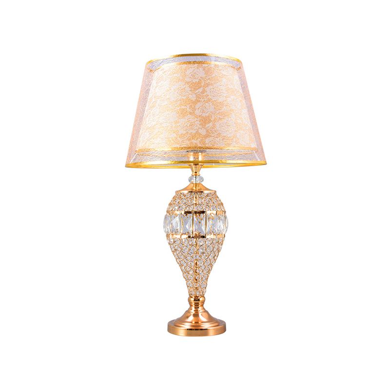 Teardrop Living Room Table Lighting Traditional Crystal 1-Light Gold Night Lamp with 2-Layer Patterned Fabric Shade