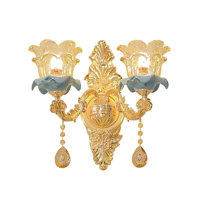 Glass Gold Wall Mount Light Ruffle Flower Retro Wall Lighting with Crystal Draping