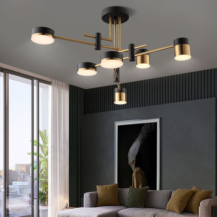 Moderno lampadario a sospensione radiale in metallo Luce a tamburo Sospensione LED Sospensione in nero per soggiorno