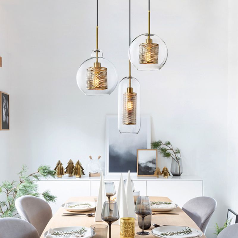 Brass 1 Light Hanging Pendant Light Modern Minimalist Clear Glass Dining Table Hanging Lamp