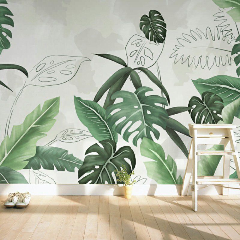 Green Palm Leaf Mural Wallpaper Moisture Resistant Wall Covering fro Living Room