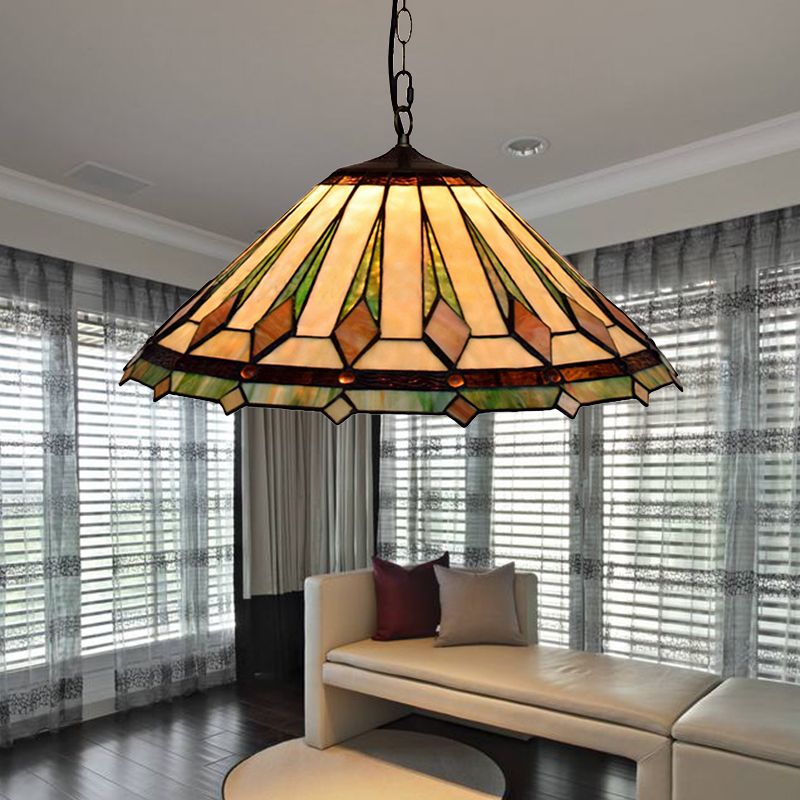 Brown Tapered Pendant Ceiling Light Tiffany 2 Heads Multicolored Stained Glass Hanging Lamp for Bedroom