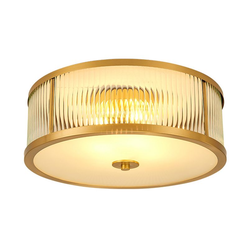 Brass Drum Flush Mount Light Traditional Style Glass Ceiling Light for Bedroom Living Room