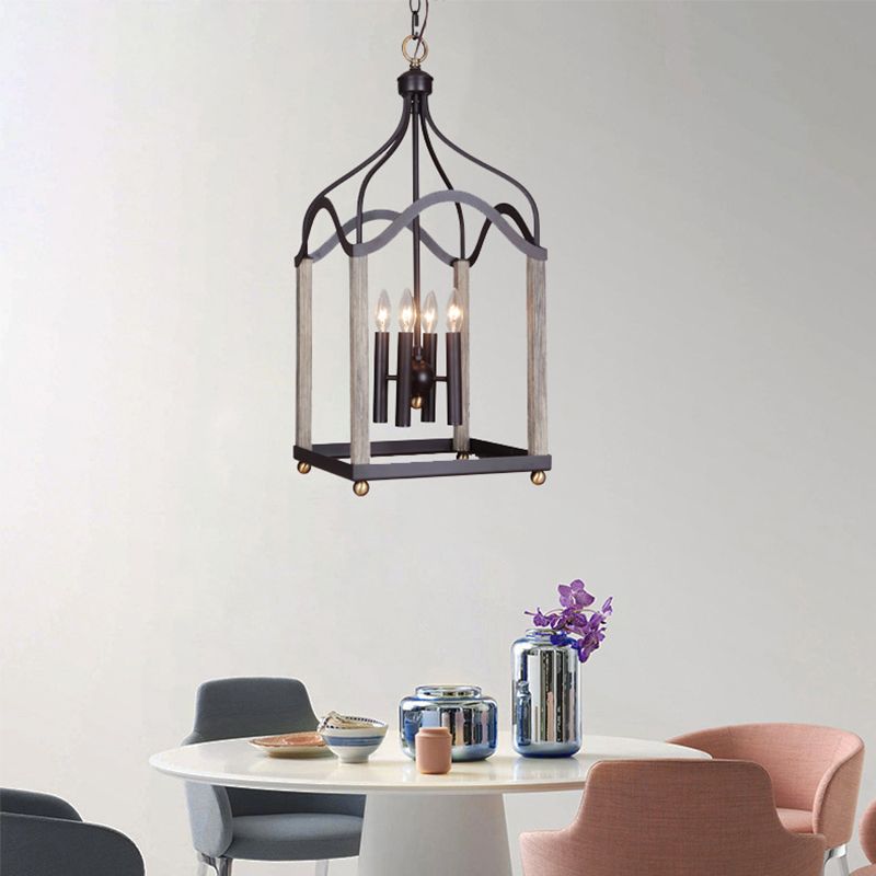 4 Lights Metal Hanging Chandelier Traditional Black Candle-Style Living Room Pendant Light Fixture with Cage