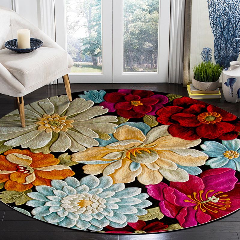 Multicolored Flower Pattern Indoor Rug Modern Aesthetic Polyester Rug Round Stain Resistant Carpet for Living Room