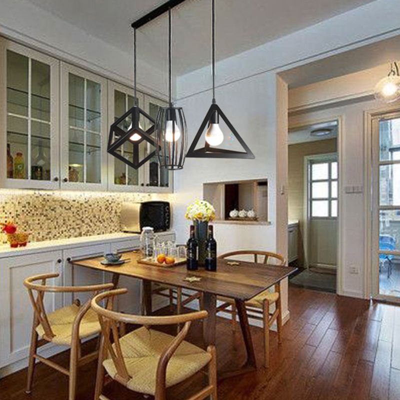Industrial Style Hanging Lamp Geometry Iron 3 Light Island Light Fixture for Dining Table