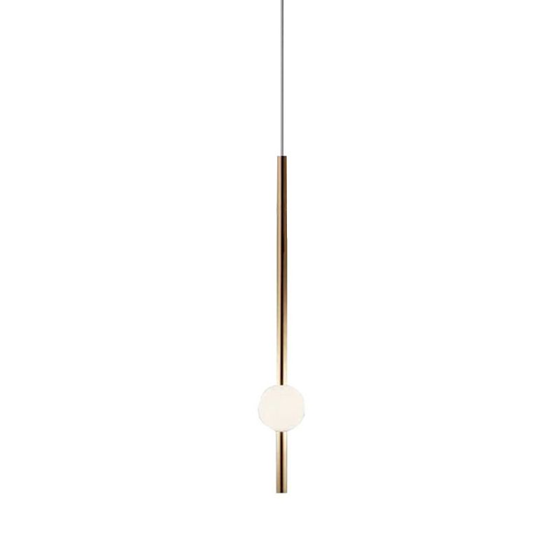 1-Head Bedside Drop Pendant Postmodern Gold/Clear Hanging Light with Tubular Frosted White Glass Shade