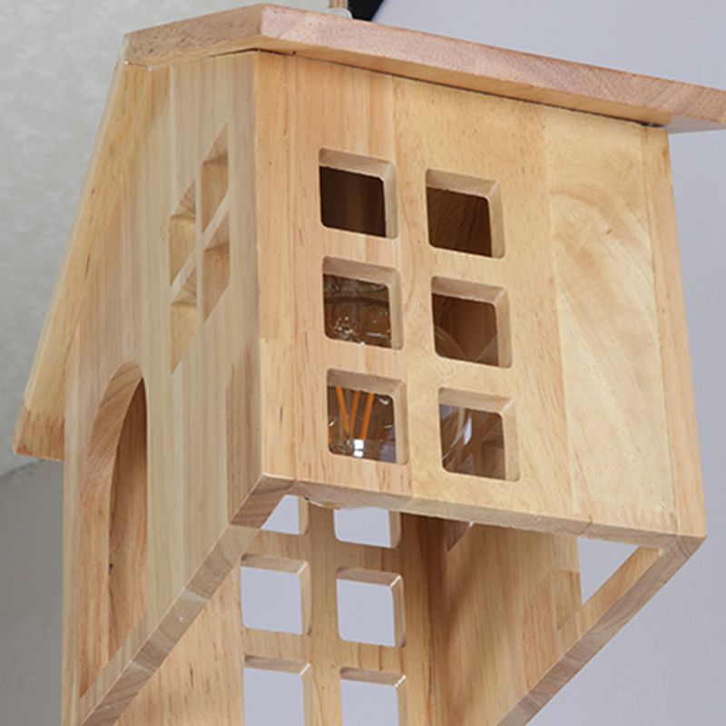 Houten huisvormige hanglamp Modern 1-licht natuurlijk houthanglicht met verstelbaar snoer voor eetkamer