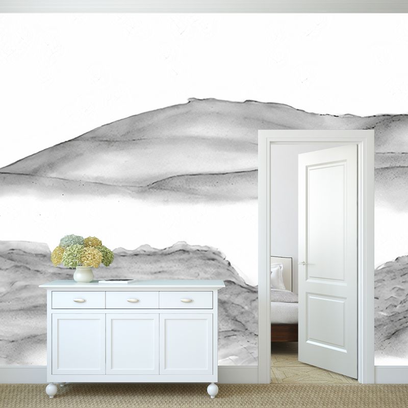 Minimalist Mountains Drawing Mural Decal Grey and White Dining Room Wall Art, Custom Printed