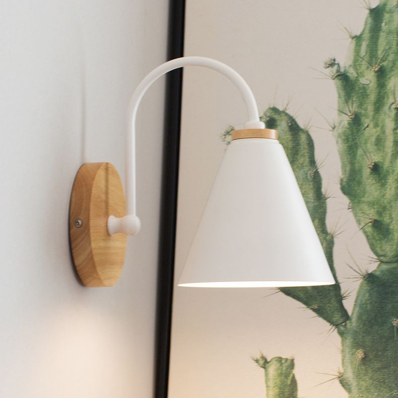 1-Light Minimalism Nordic Style Wall Lamp Metal Gooseneck Arm Design Cone Shade Sconce Lights for Bedroom