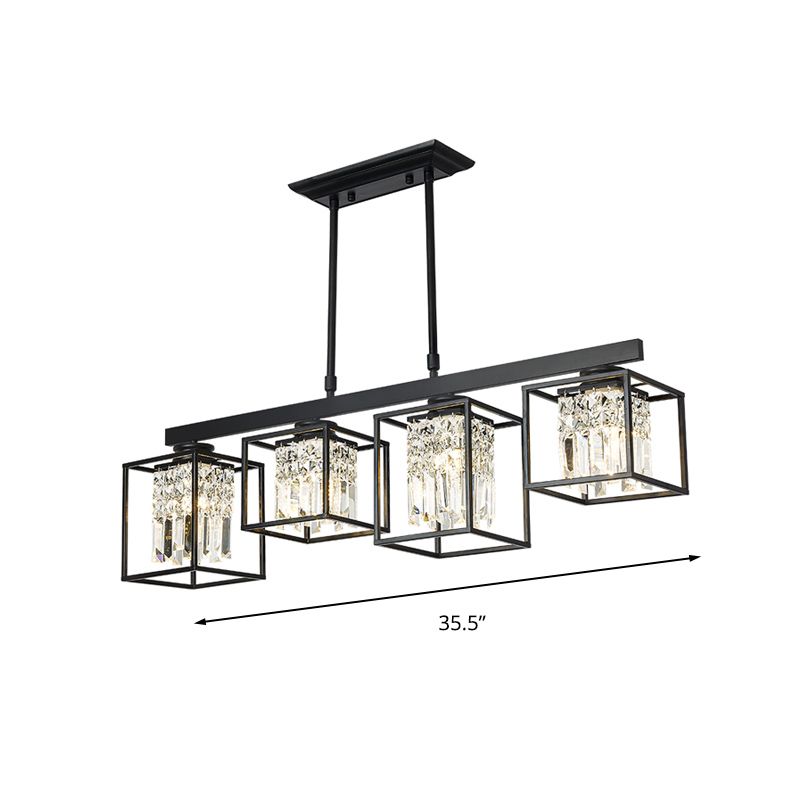 Tri-Sided Crystal Rod Black Hanging Ceiling Light Square 3/4 Heads Contemporary Island Lamp