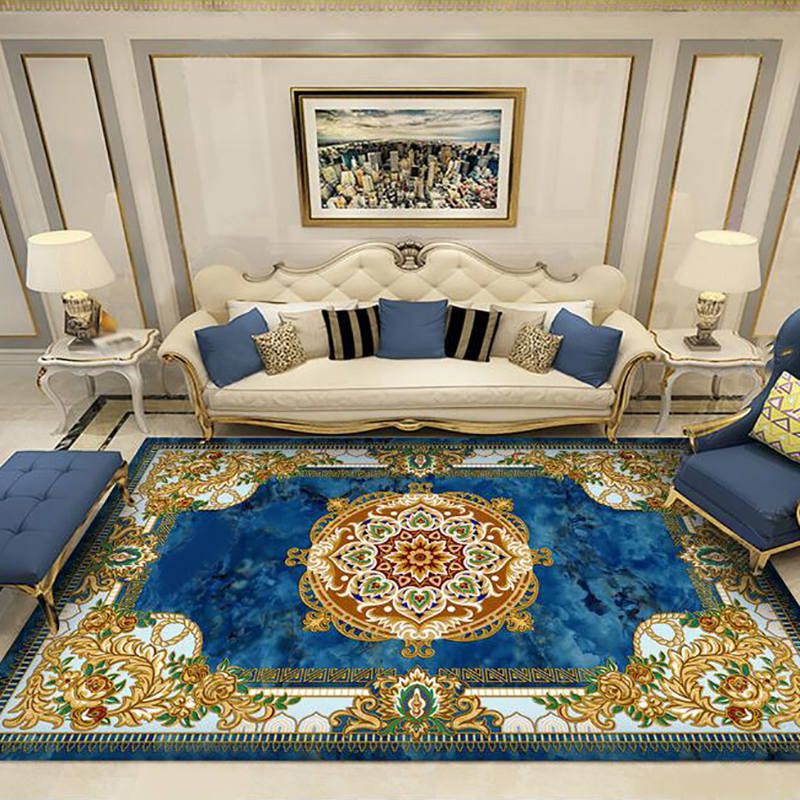 Blue European Area Rug Graphic Pattern Polyester Area Carpet Non-Slip Backing Rug for Living Room